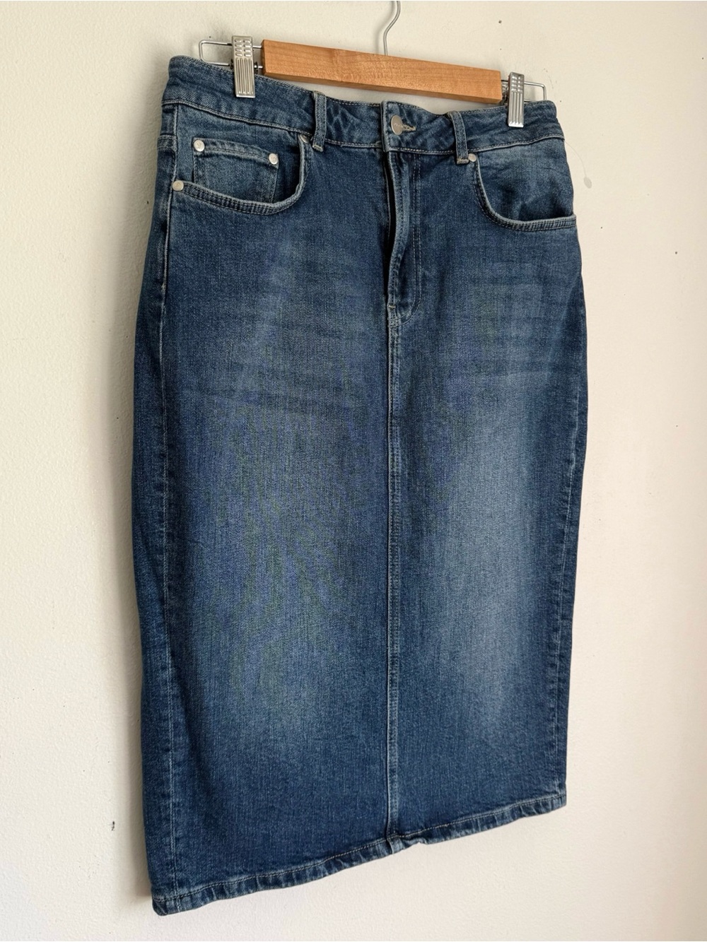 Pilcro Anthropologie Denim Pencil Midi Skirt in Classic Medium Wash - Picture 3 of 6